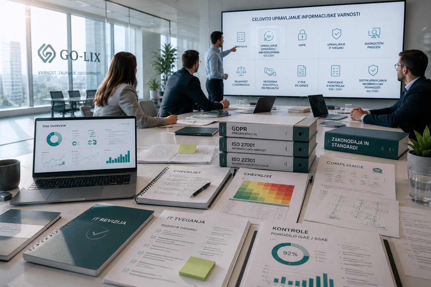 Celovito upravljanje informacijske varnosti — IT revizija, GDPR, ISO 27001, ISO 22301, upravljanje tveganj in skladnost